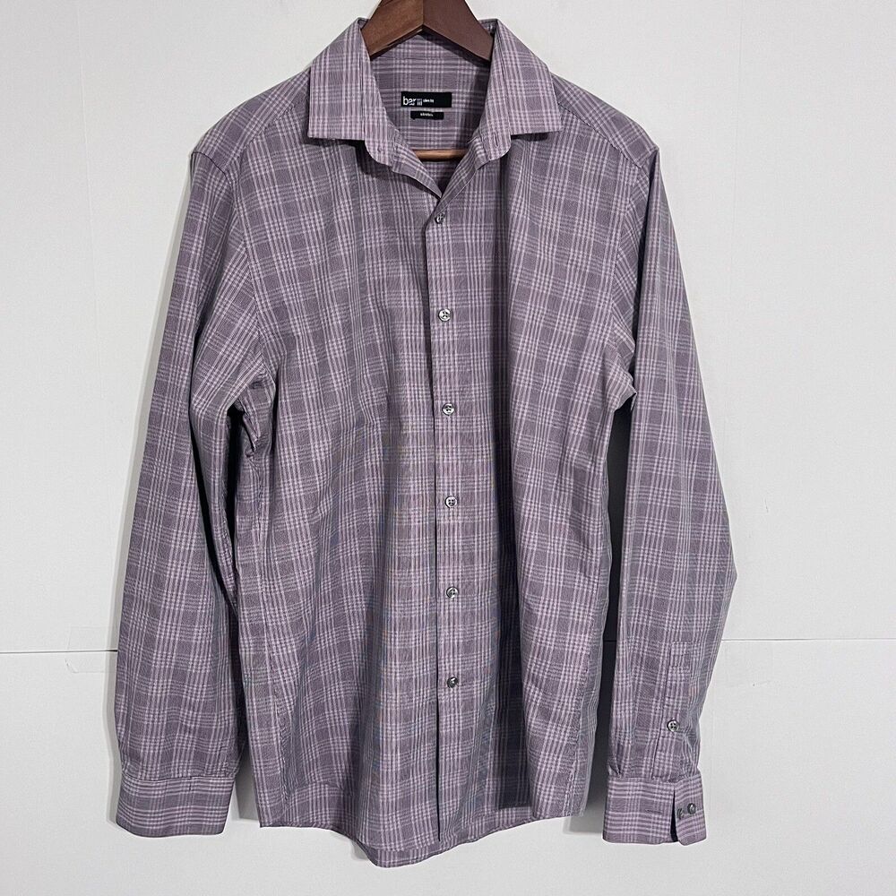 Bar Iii Mens Dress Shirt Size 15.5 34 35 Medium Purple Plaid Stretch Slim Fit